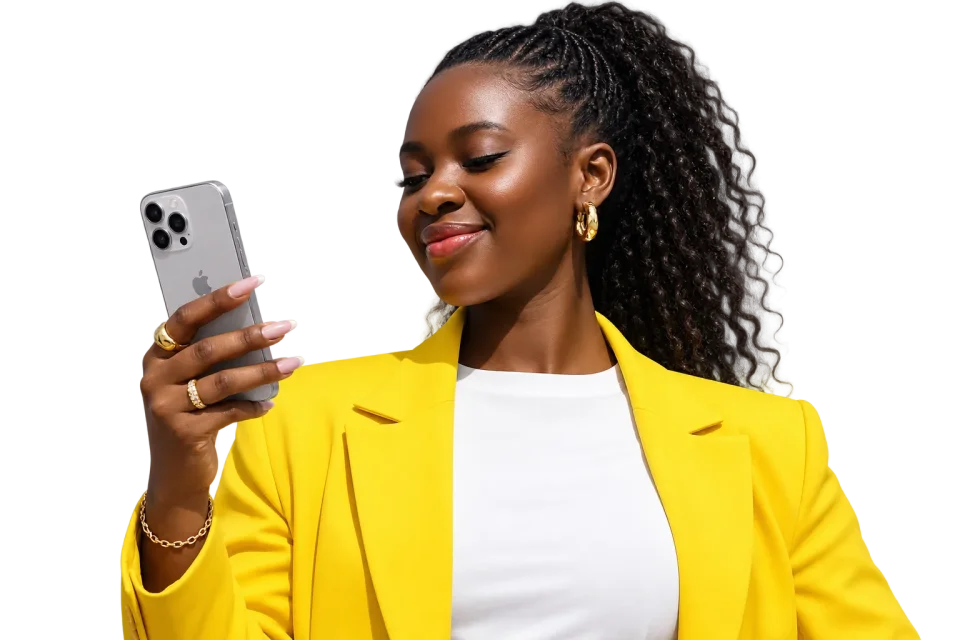 A woman using a mobile phone, from GWO SEVO’s brand imagery.
